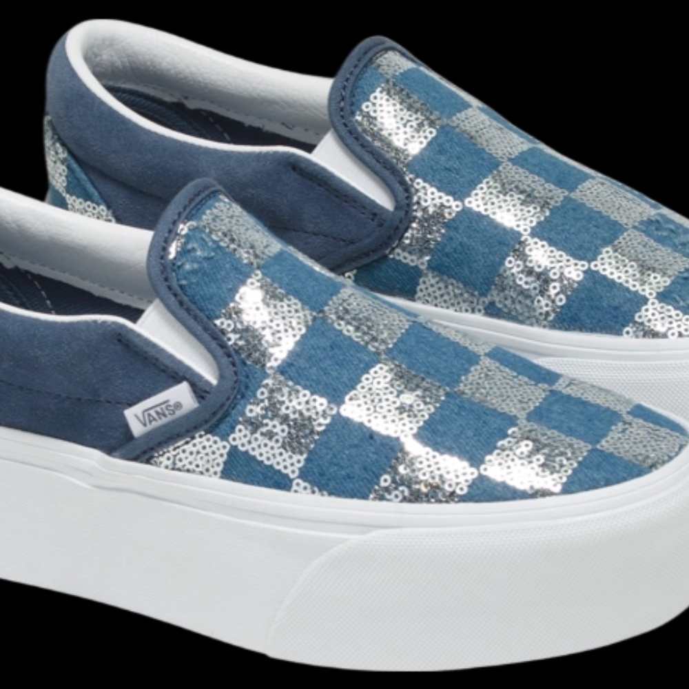 Vans Classic Slip-On glitter sneakers in denim and silver